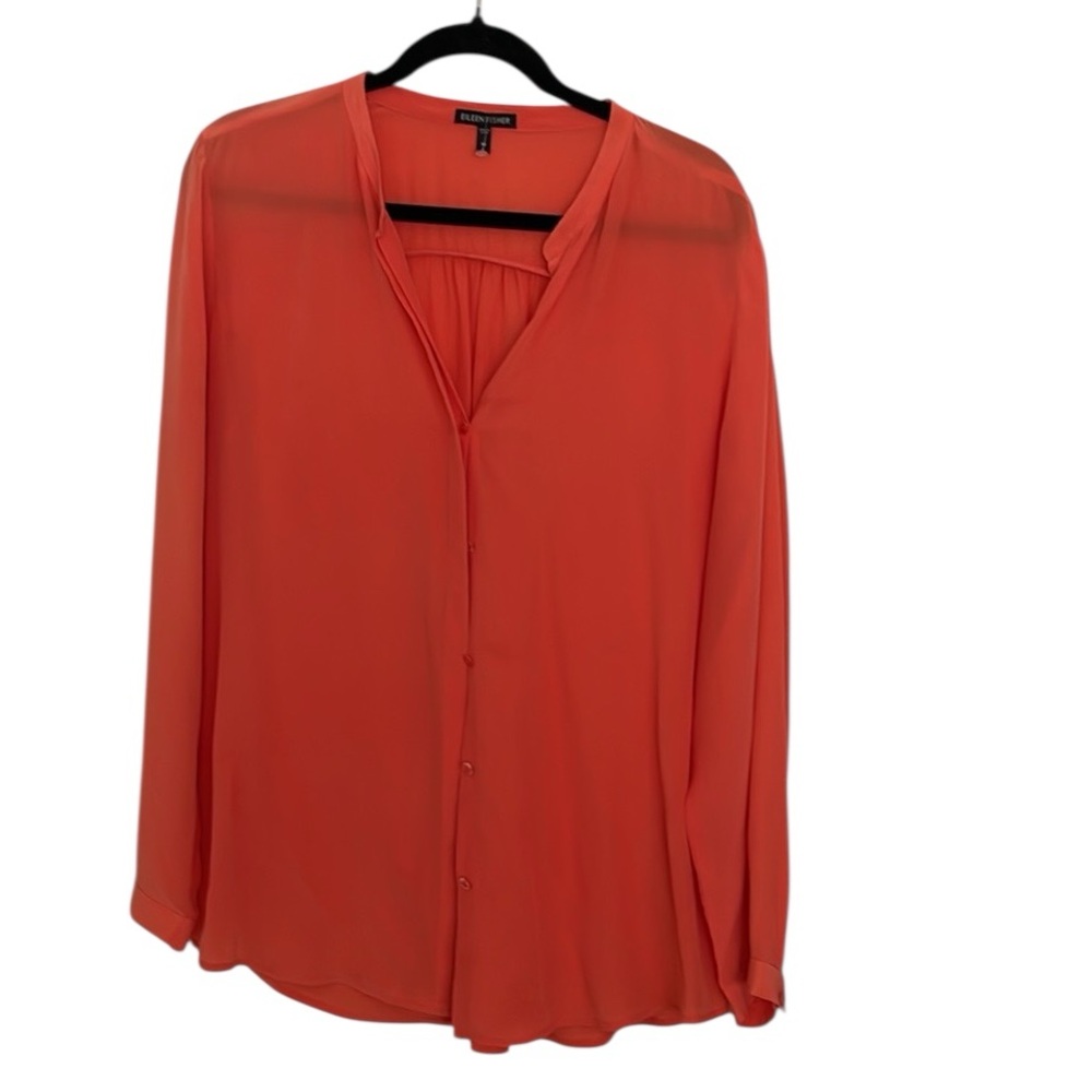 Eileen Fisher Silk Button-Down Blouse - Vibrant Orange V-Neck Long Sleeve